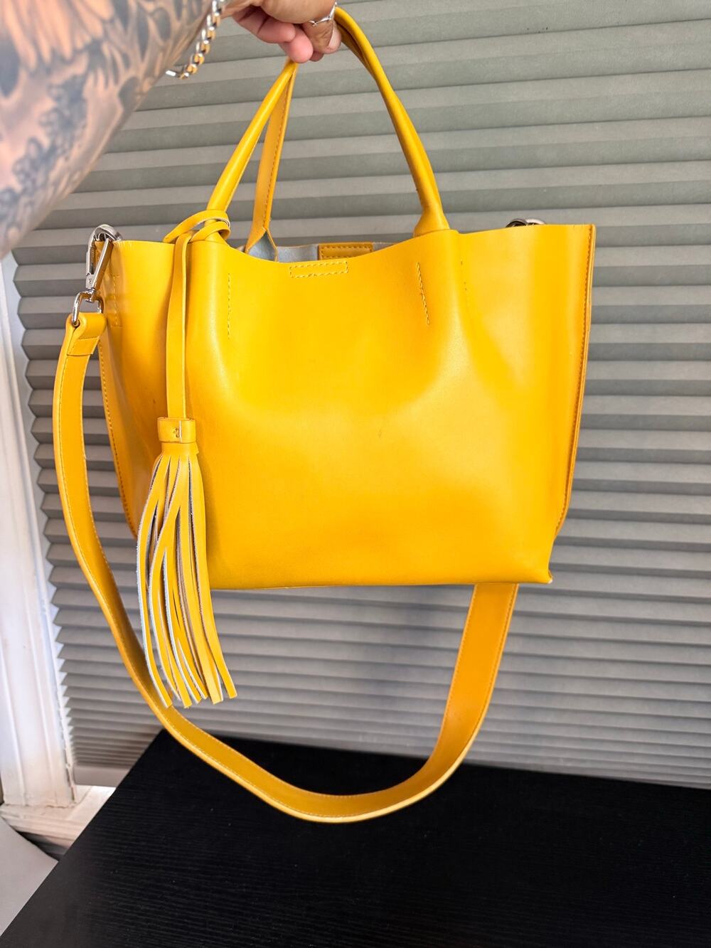 Co-Lab Bright Yellow Faux Leather Tote Bag Tassel Crossbody Removable Pouch